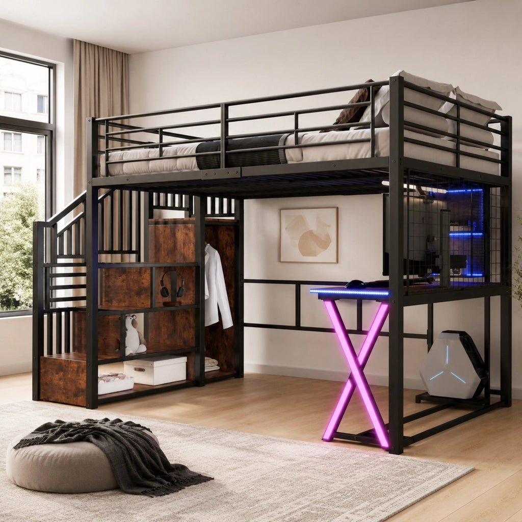 Letto a soppalco 2 posti con LED, scrivania, armadio e scaffali, 140 × 200 cm, senza materasso