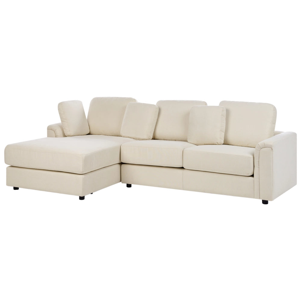 Divano moderno ad angolo con gambe in plastica in tessuto beige chiaro lato destro