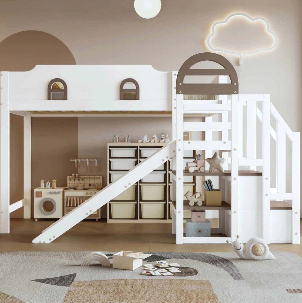 Letto a castello 90x200 cm con scivolo, scala contenitore e finestre, bianco