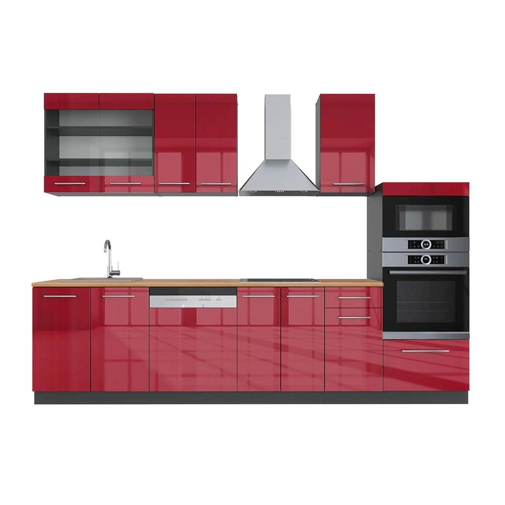 Cucina componibile Fame-Line Bordeaux lucido/Antracite 300 cm con armadio alto, PL Rovere Vicco