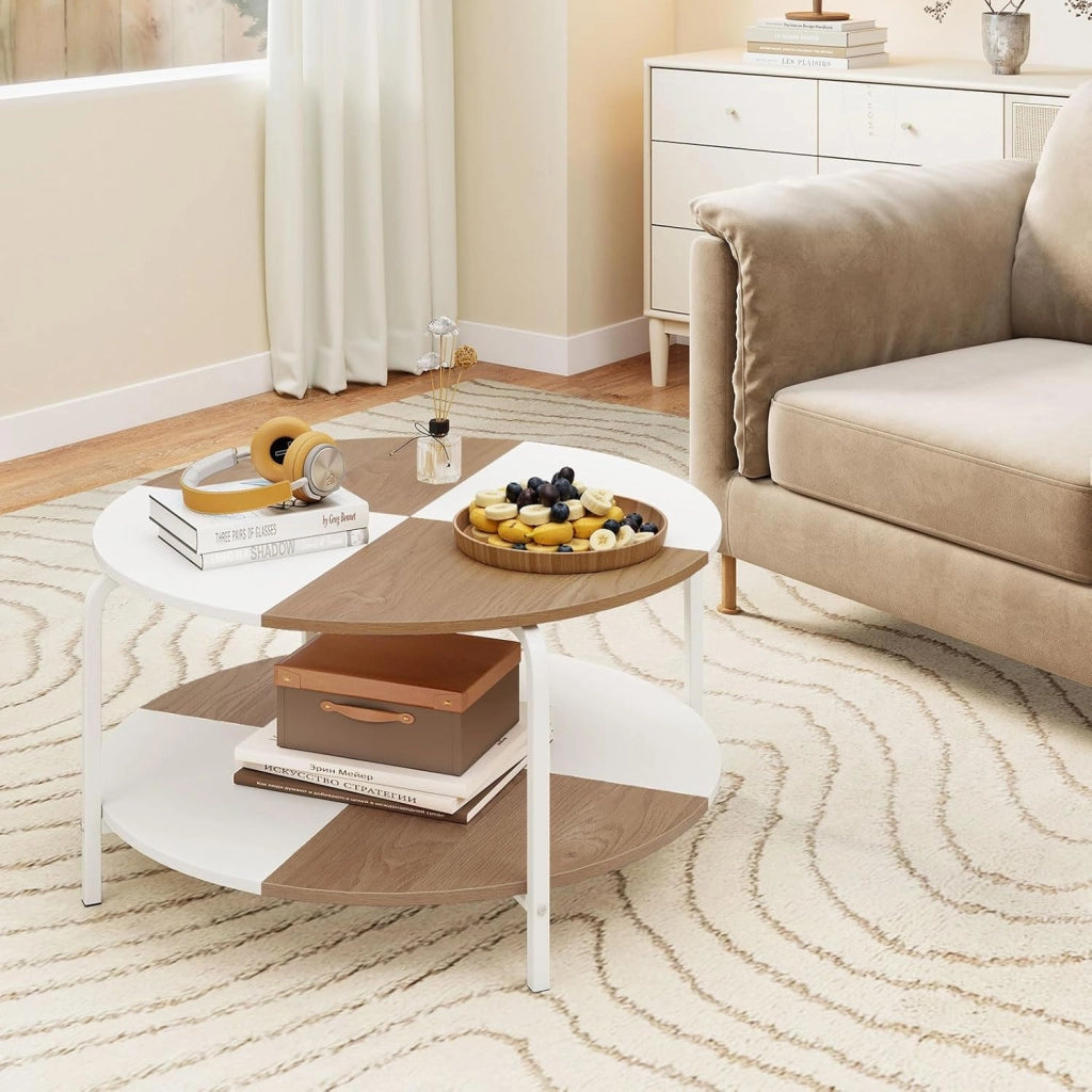 Tavolino da Caffè Rotondo, Tavolino da Salotto a 2 Piani con Struttura in Metallo e Gambe Rialzate, Tavolo da Divano Basso Moderno per Soggiorno e Ufficio, 80 x 80 x 42 cm, Bianco e Naturale