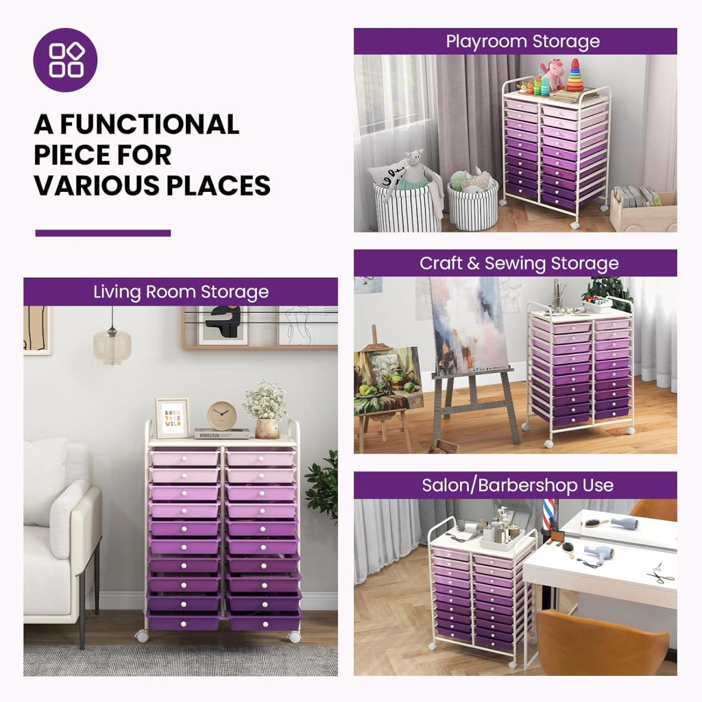 Carrello con 20 cassetti, impilabile, carrello per cassetti, da cucina, con ruote bloccabili, carrello per cucina, bagno, ufficio, 64 x 39 x 88 cm (viola)