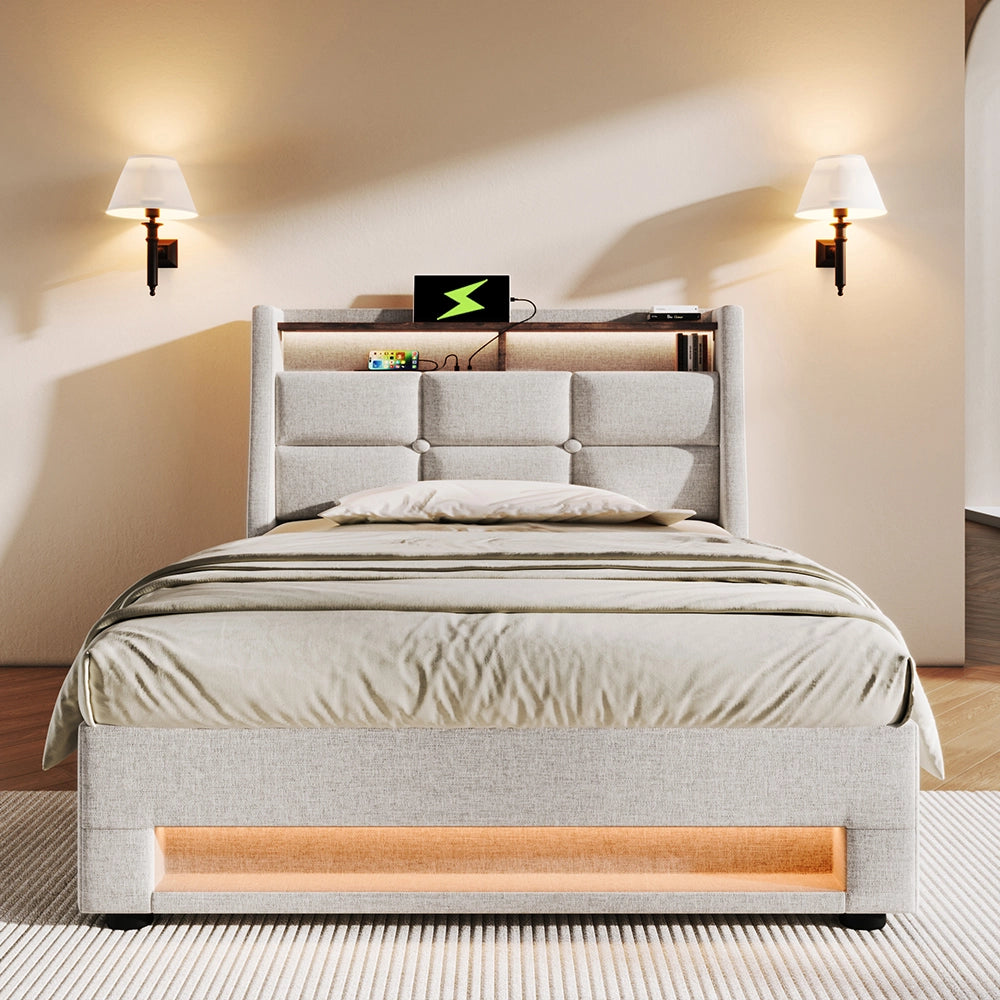 Letto a cassone imbottito 90x200 - Xylo - USB, LED, sommier in metallo, senza materasso, beige