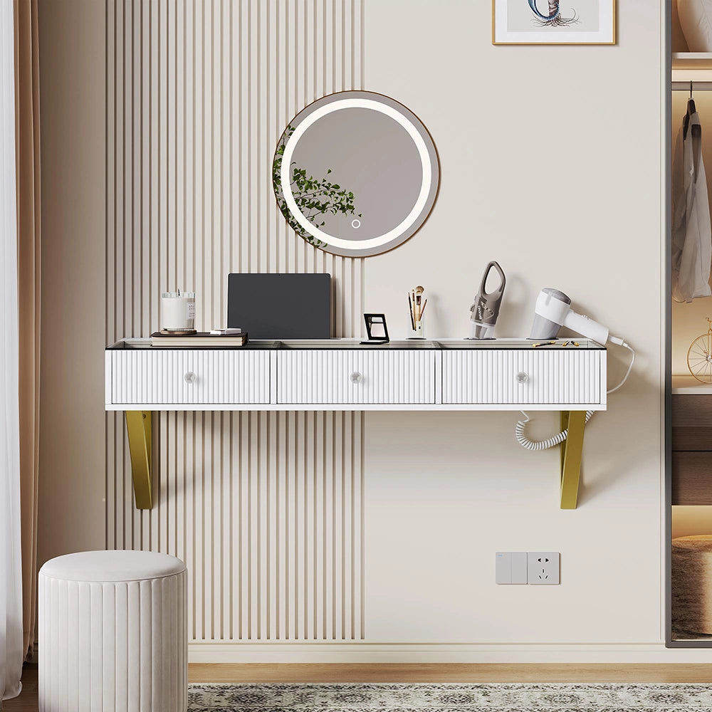 Coiffeuse sospesa con 3 cassetti - Xylo - 120¡Á40¡Á45cm - Bianco - Piano in vetro e porta bicchieri