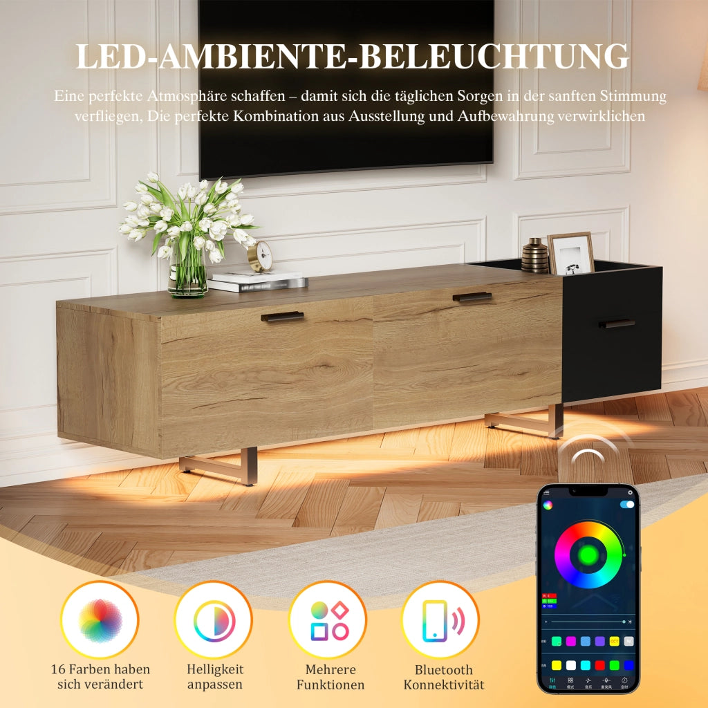 MOBILE TV 180x38x49 cm in legno ingegnerizzato nero e tono legno con LED