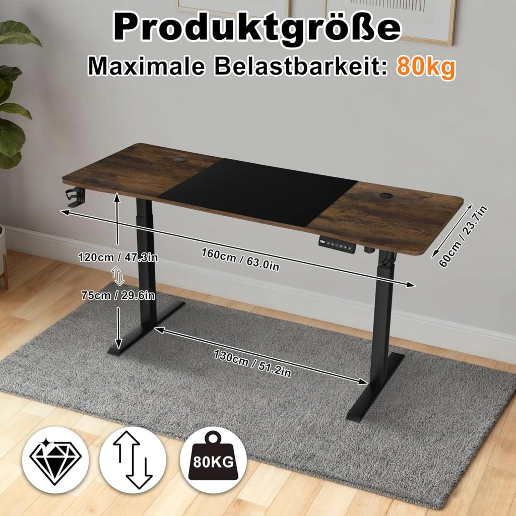 Scrivania regolabile in altezza, 160 x 60 cm, scrivania elettrica per computer, scrivania da ufficio con porta di ricarica di tipo C, gancio per cuffie e porta bevande, sedile elettrico, con