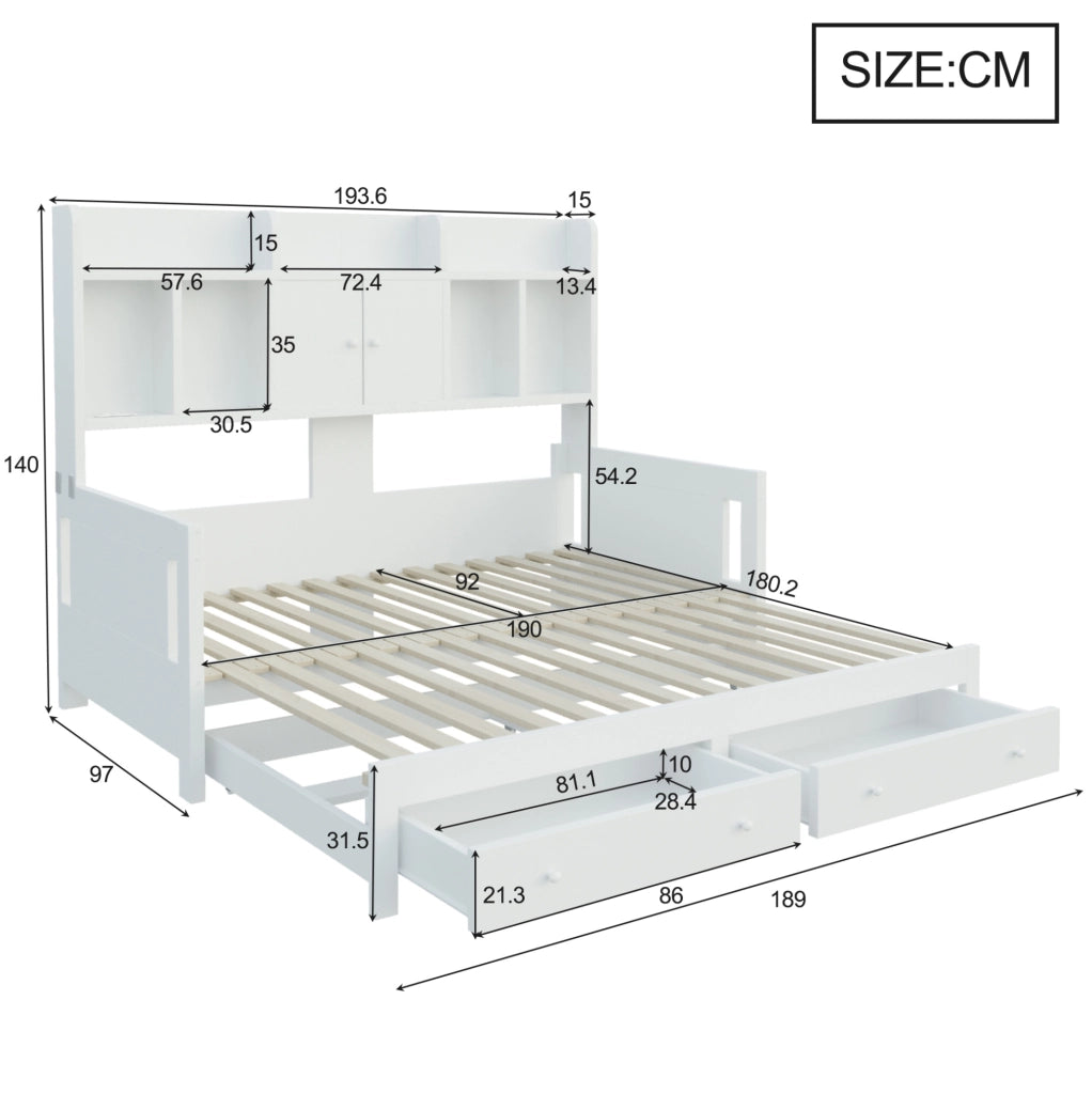 Divano letto estraibile in legno 90x190 cm; con cassetti; vani contenitore e LED; bianco