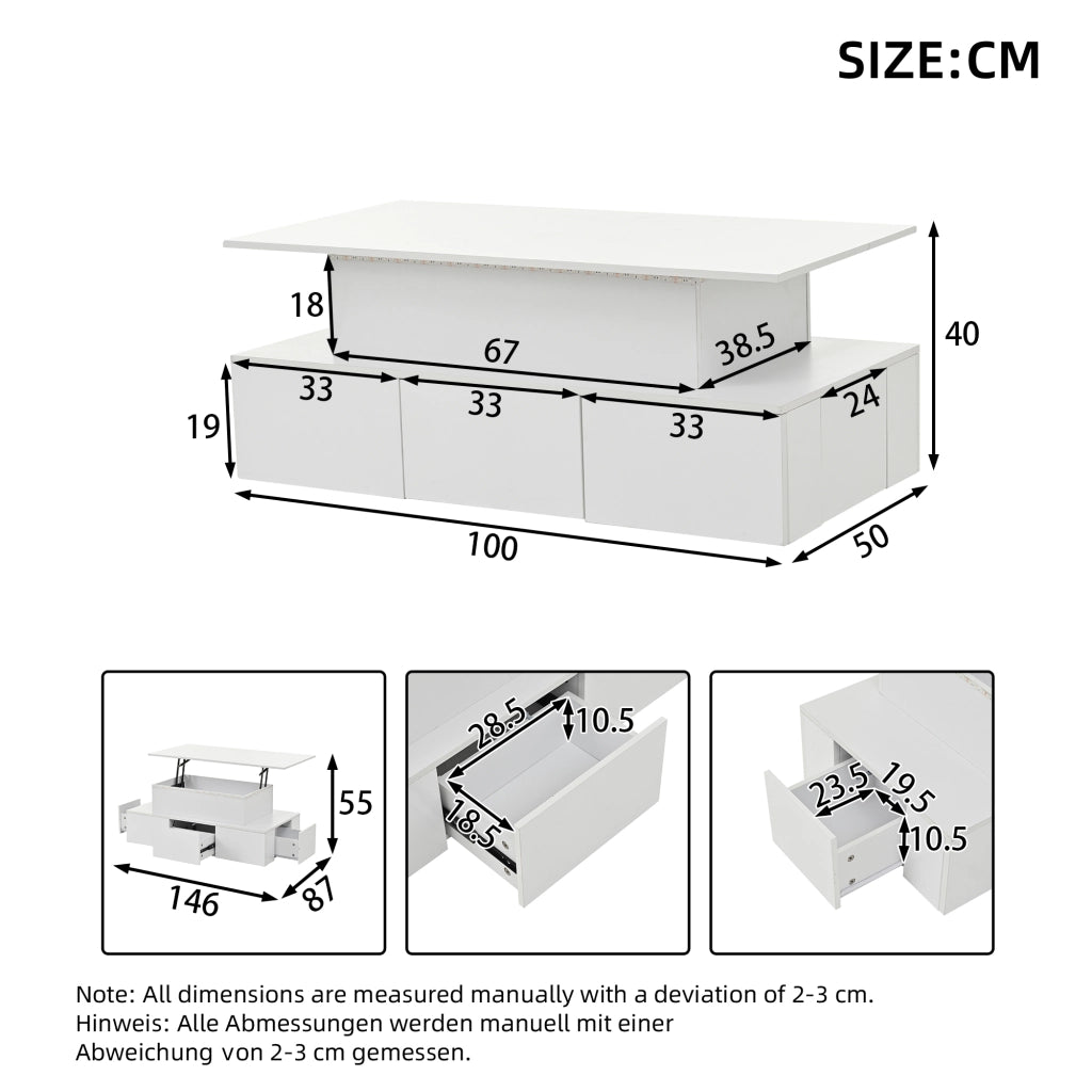 Tavolino da salotto 100x50x40 cm; piano rialzabile con LED e 4 cassetti; MDF bianco