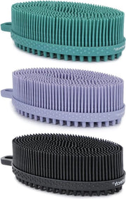 Borsetto in Silicone per Esfoliazione Leggera e Pulizia Profonda - Spazzola per Docce a Doppia Faccia per Massaggio Intensivo - Nero & Lavanda & Verde