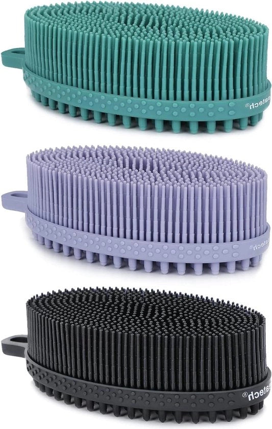 Borsetto in Silicone per Esfoliazione Leggera e Pulizia Profonda - Spazzola per Docce a Doppia Faccia per Massaggio Intensivo - Nero & Lavanda & Verde