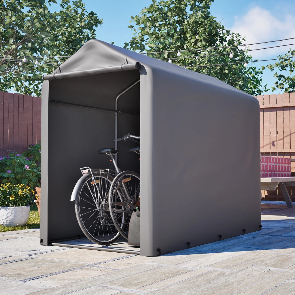 Garage Bici 187x100x160 cm Grigio Scuro con Telo PE 170 g/m², Telaio Nero e Porta con Cerniera