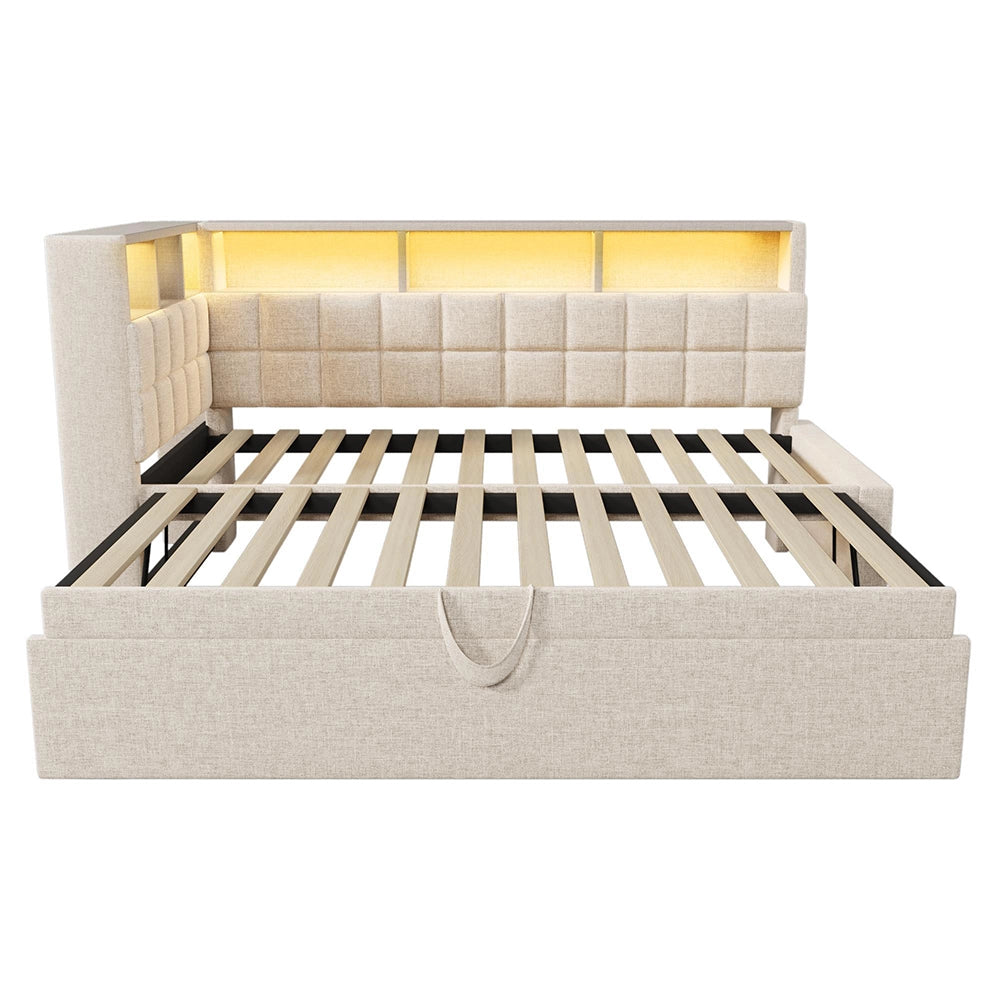 Letto imbottito-Xylo-90x200cm+90x190 LED Bluetooth USB-C testiera L lino beige senza materasso