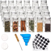 Set di contenitori per erbe quadrati da 24 pezzi, contenitore per erbe quadrato da 120 ml con dispositivo di agitazione, grattugiante per erbe quadrato in vetro con tappo stagna, coperchio e etichetta, dispositivi di agitazione con tappo e cucchiaio largo