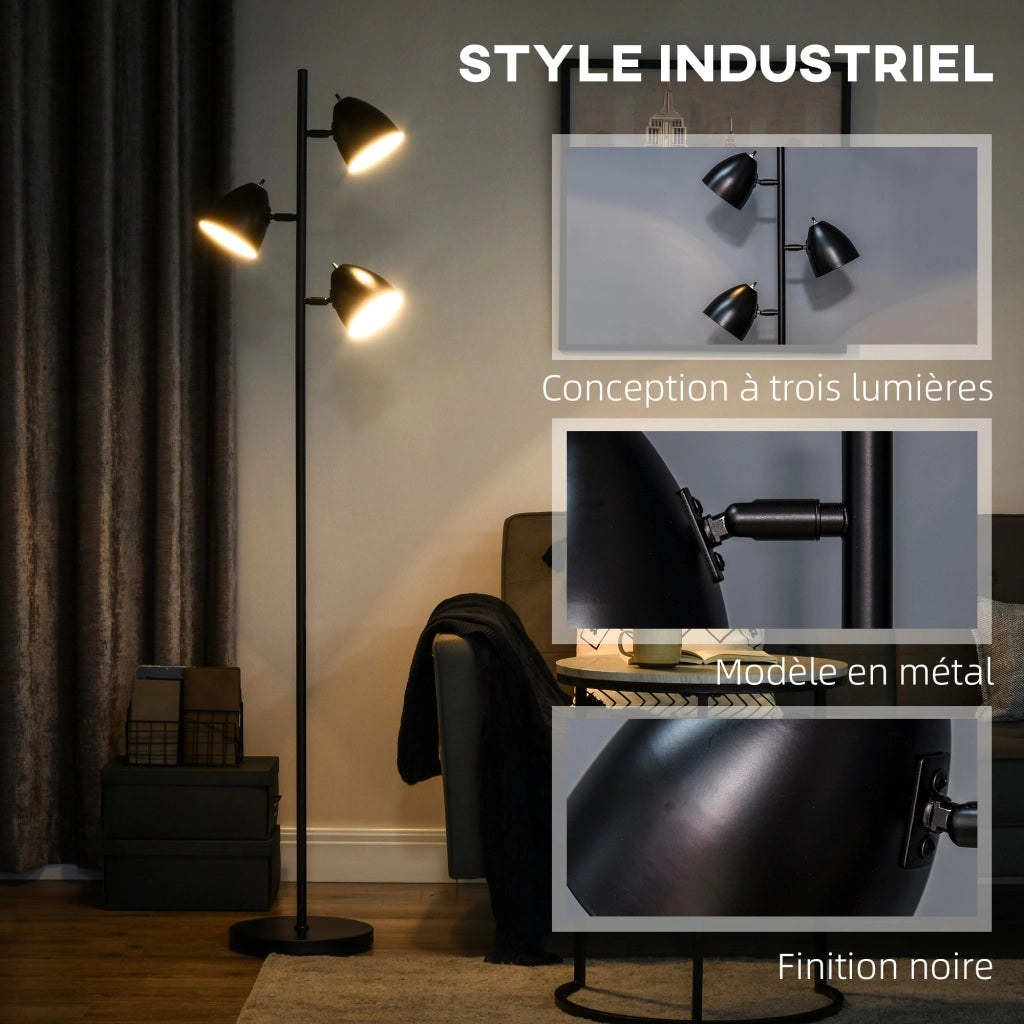 Lampada da terra 3 luci orientabile stile industriale ¨C zephmum ¨C nero acciaio 38x28x169 cm