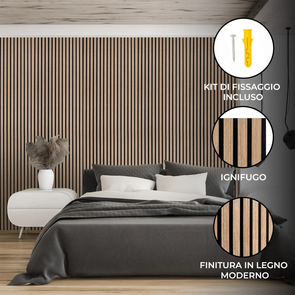 Tre Pannelli Fonoassorbenti con Doghe Noce Chiaro 3D in Legno 2400 x 600mm