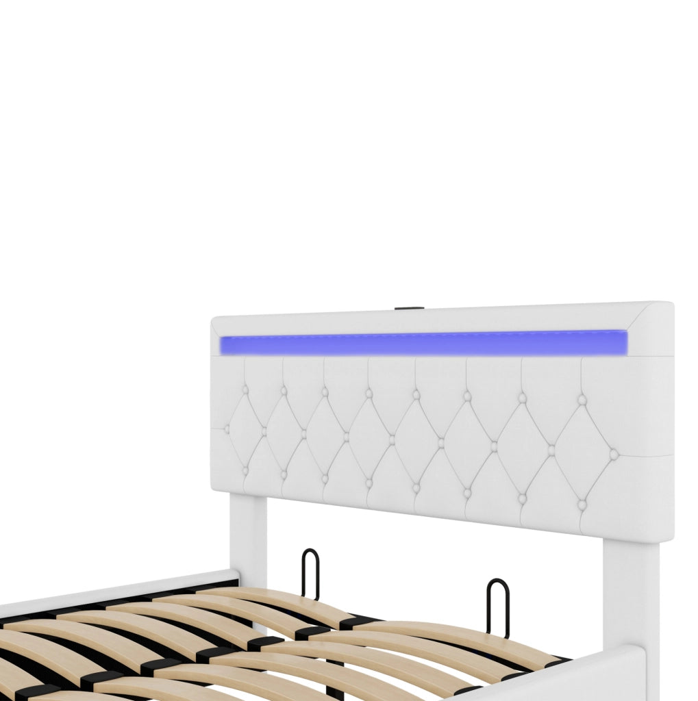 Letto matrimoniale 140x200 cm imbottito con contenitore; LED integrato; porte USB e USB-C; bianco