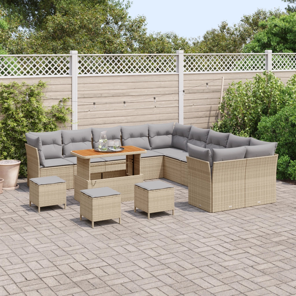 Set Divano da Giardino da 14 Pezzi con Cuscini Beige Polyrattan Acacia