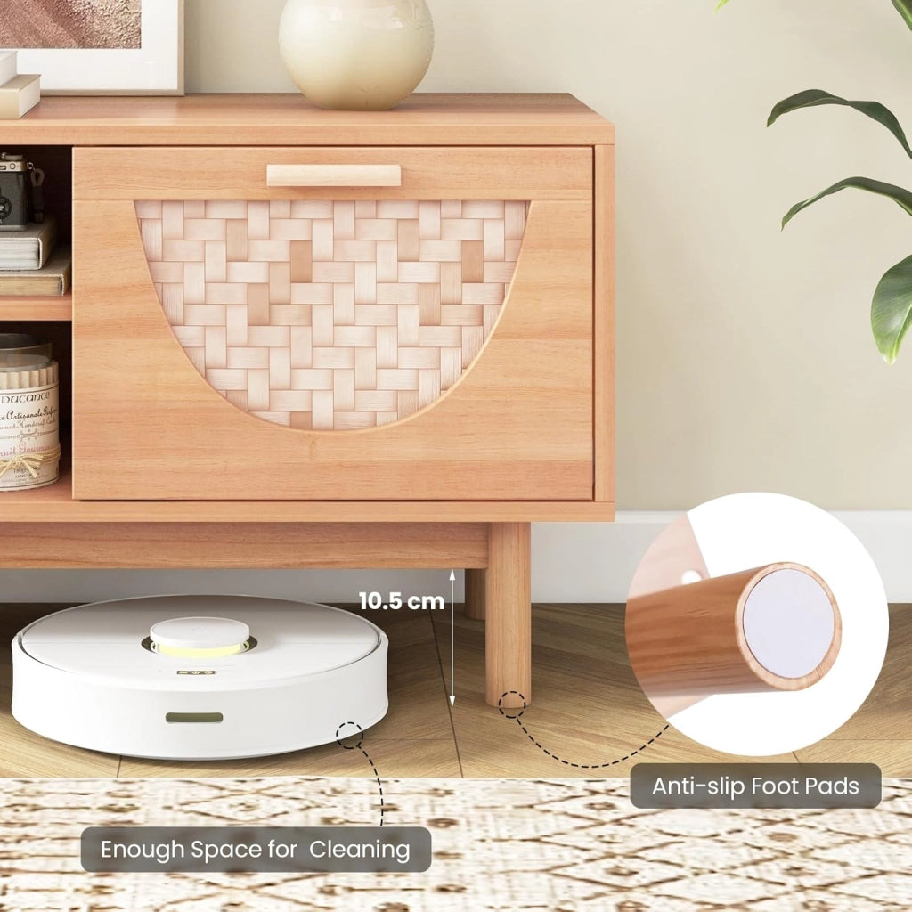 Supporto TV per TV da 55 pollici, mobile TV con 2 cassetti e frontali in bambù, con gambe in legno massello, per soggiorno, camera da letto