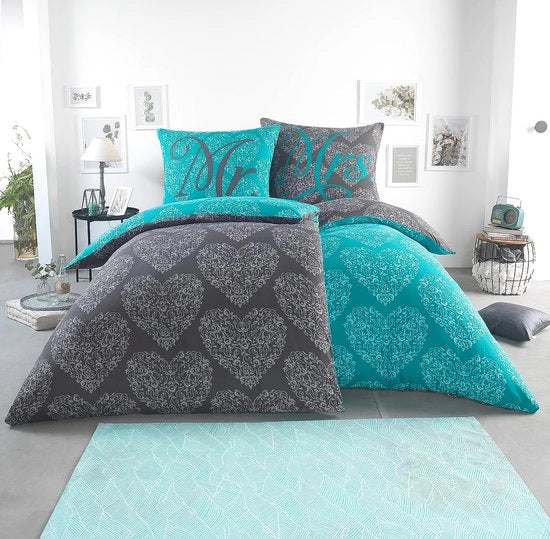 Set di lenzuola e coperte per letto a microfibra con disegno reversibile | 2x lenzuola 135x200 + 2x coperte 80x80 | set di lenzuola e coperte per letto 4 pezzi per coppia | Design: Ornamenti Cuori Blu Turquesa