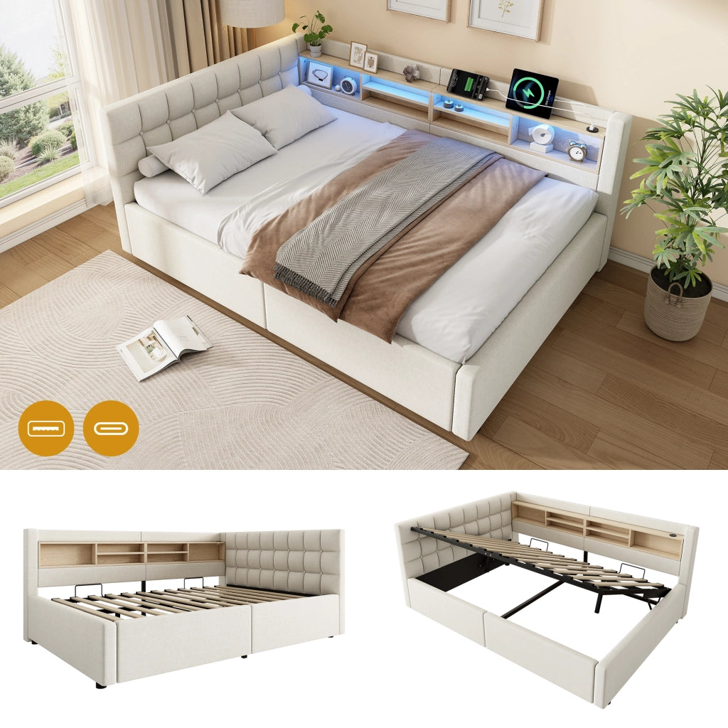 Letto matrimoniale contenitore 140x200 cm con sollevamento idraulico; LED; testiera con ripiano e USB; beige