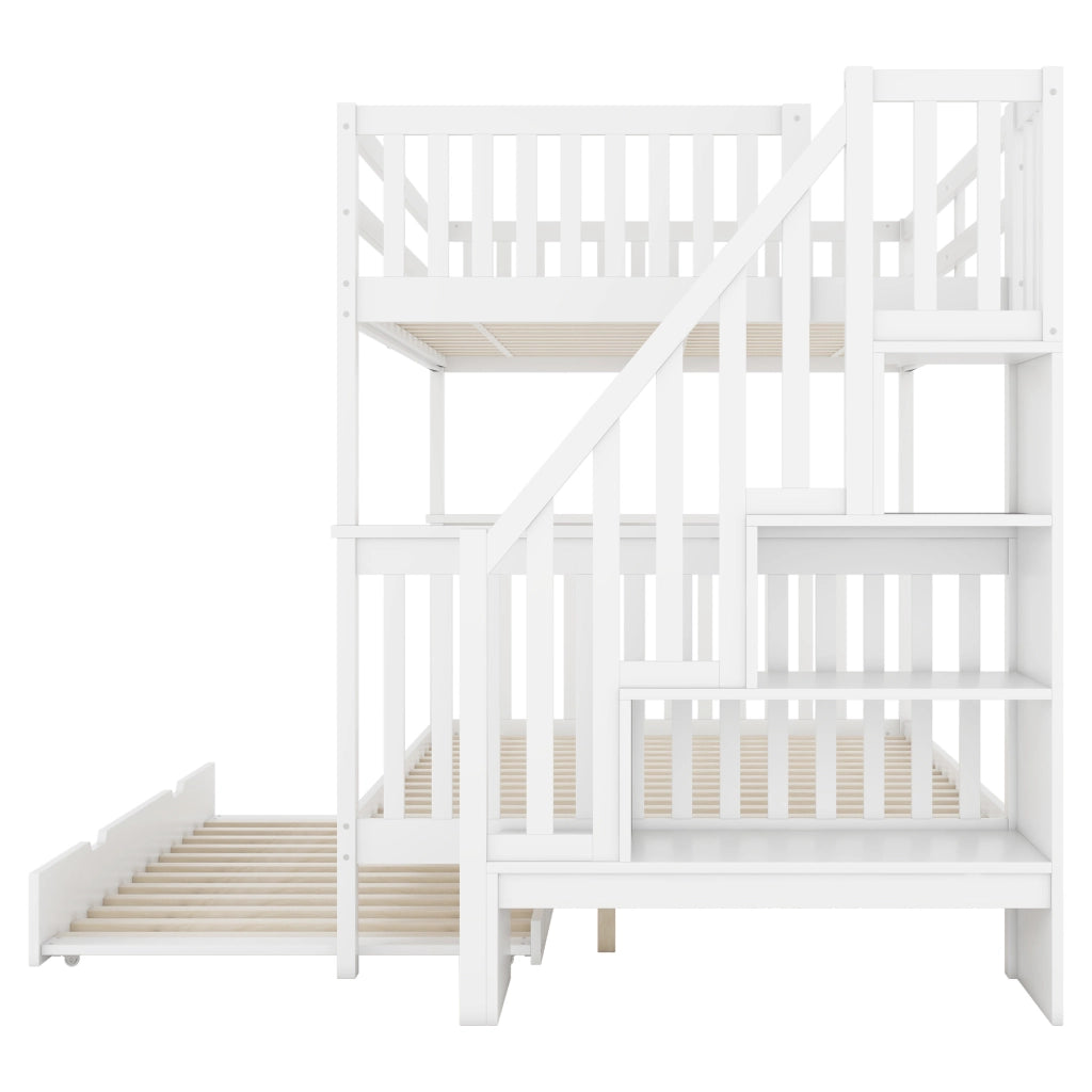 OKWISH Letto a Castello 140×200 cm, Letto 3 Posti con Letto Estraibile, Scala con Mensole e Sponde Alte, senza Materasso, Bianco