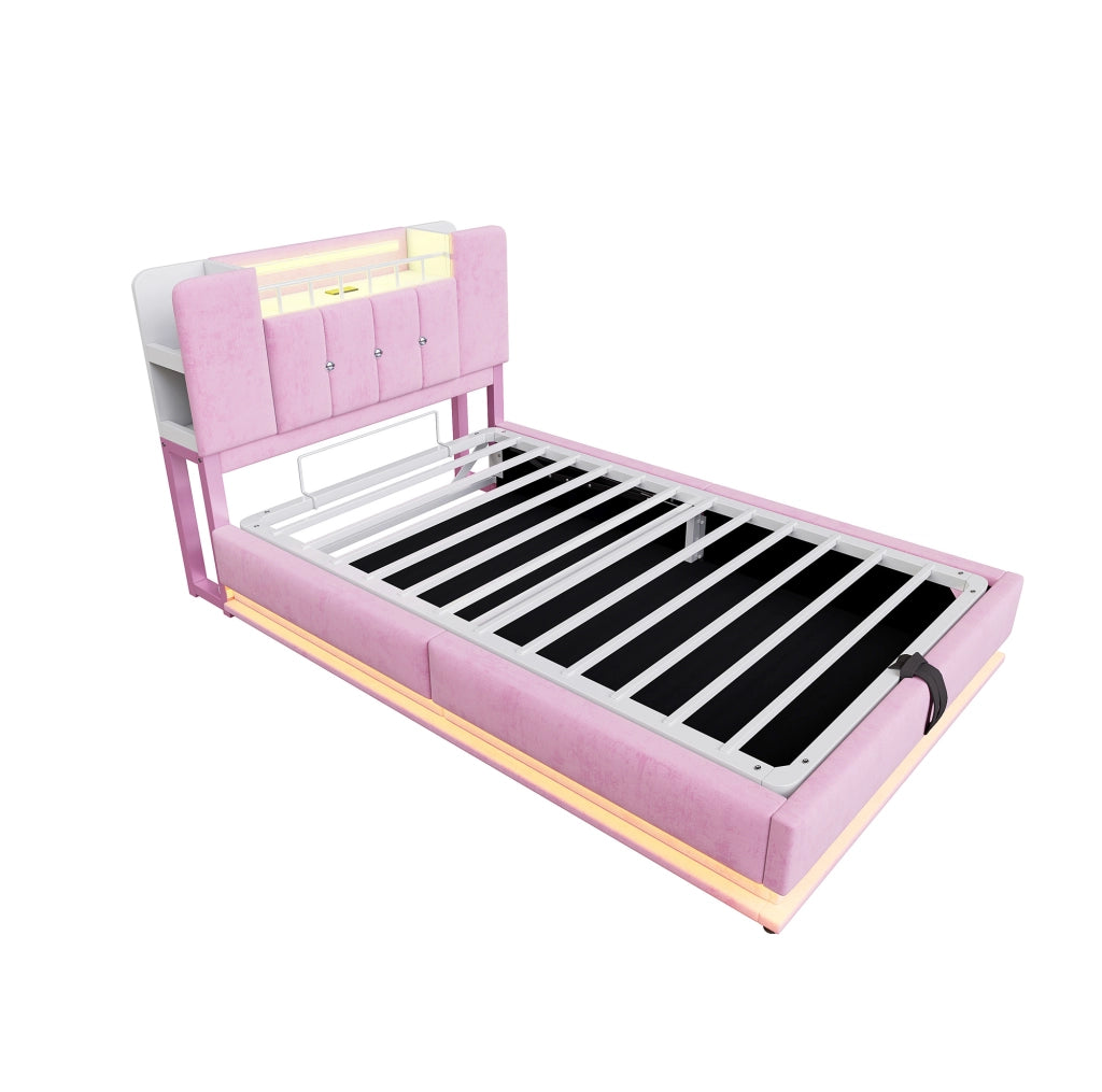 Letto imbottito per bambini 90x200 cm con LED, USB e contenitore rosa