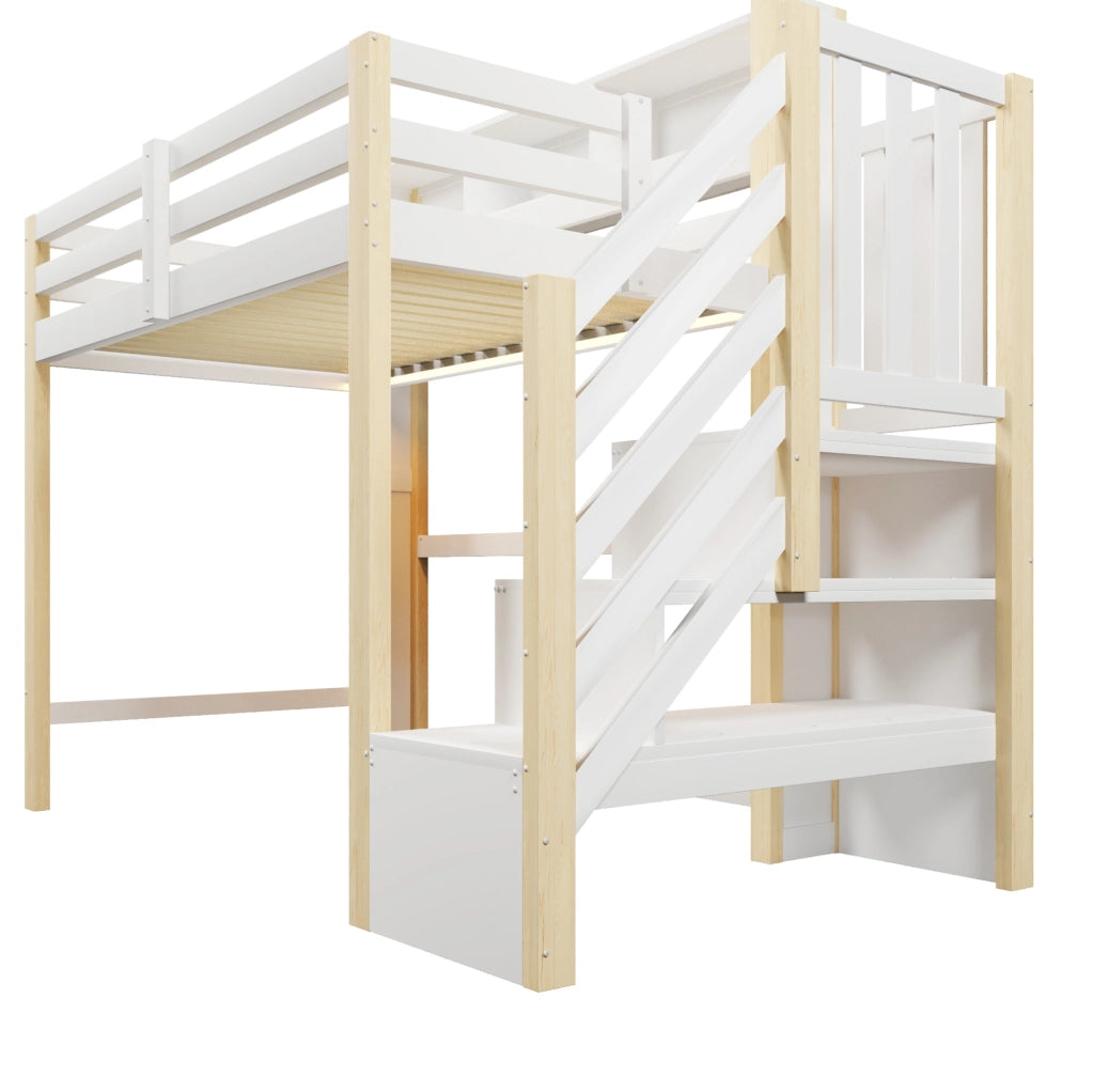 Letto a soppalco 90x200 cm con LED, scala contenitiva e vani aperti