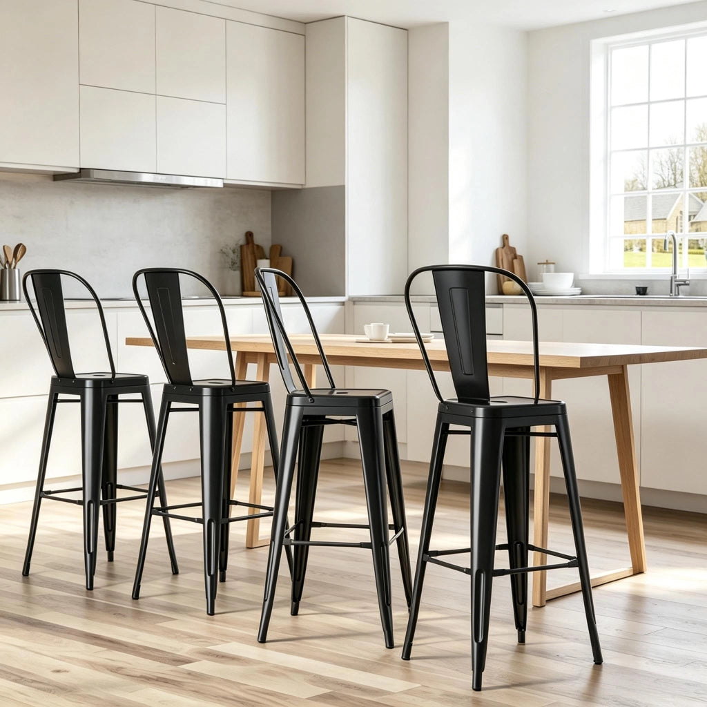 Sgabelli da bar impilabili, 4 pezzi in metallo nero con schienale rimovibile e poggiapiedi, 44 × 46 × 116 cm