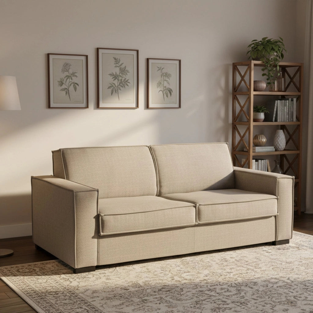 Divano Letto Alano, Divano a 2 posti, Made in Italy, SofÒ  Soggiorno con apertura girevole, in tessuto imbottito, con Braccioli standard, cm 180x95h90, Tortora