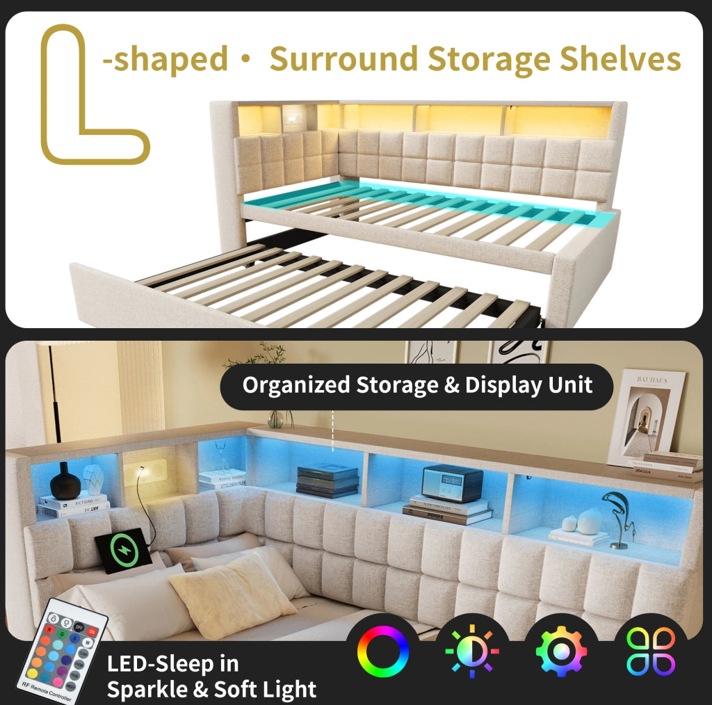 Letto singolo estraibile ULEVR 90x200 cm con LED, Bluetooth, USB e Type-C, testiera a L beige