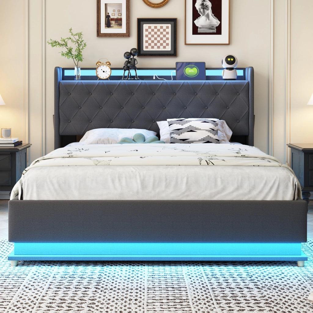 Letto imbottito LED 140x200 cm grigio con USB e contenitore