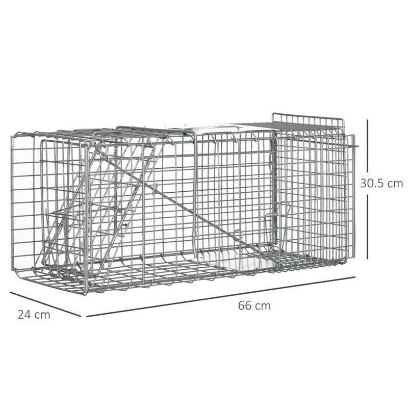 GABBIA TRAPPOLA PER ANIMALI VIVI PIEGHEVOLE IN ACCIAIO, 66X24X30.5 CM, ARGENTO