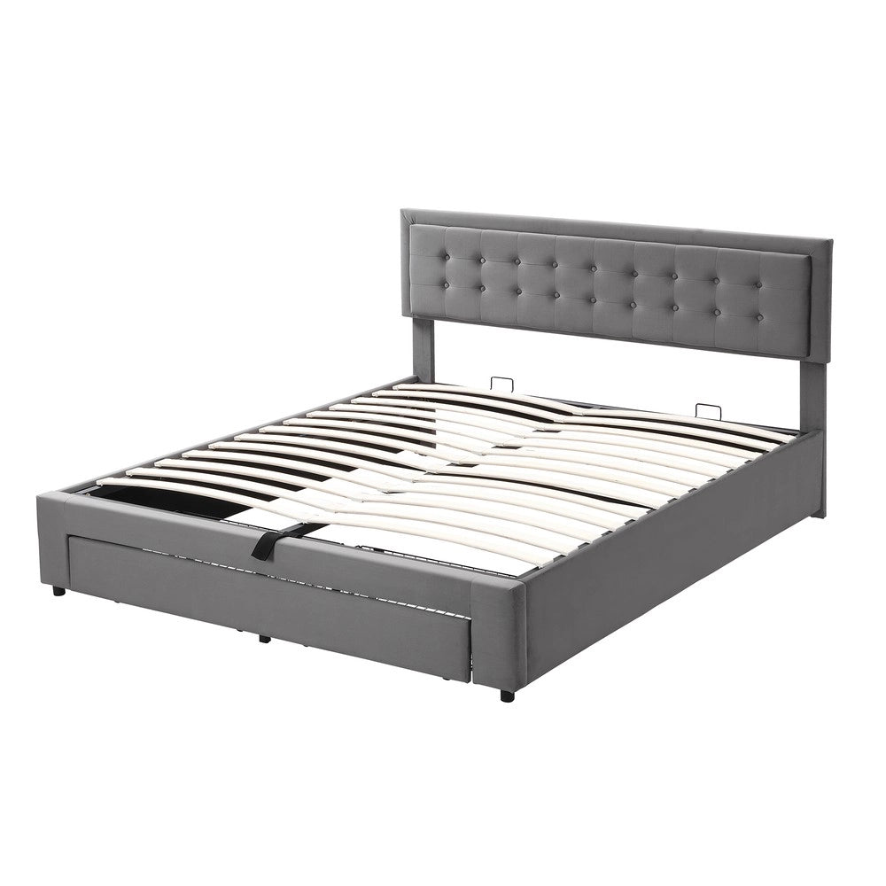 Letto Contenitore Matrimoniale Imbottito in Velluto ¨C MINIMAL ¨C Grigio 180x200 con Doghe e Cassetti