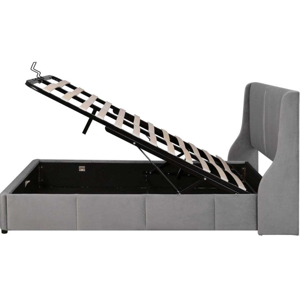 Letto imbottito con contenitore 140x200 in velluto grigio con rete a doghe