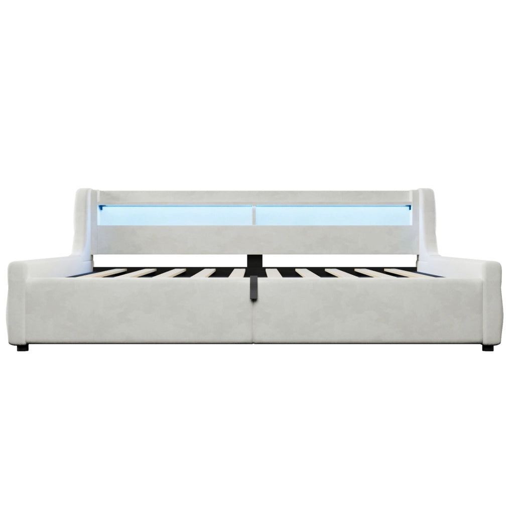 Letto imbottito 140x200 cm in flanella beige; con contenitore e testiera LED