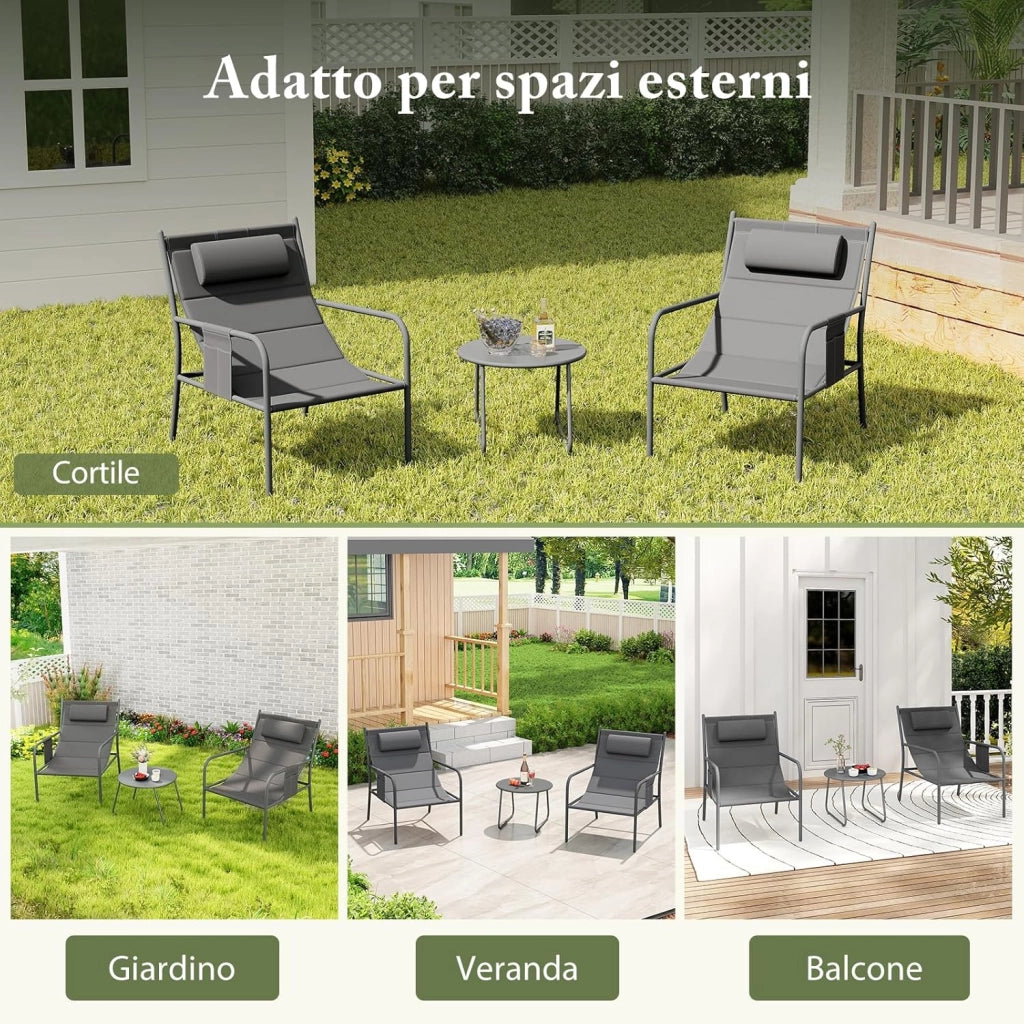 Set da Bistro per Giardino a 3 Pezzi, Sedie e Tavolino da Caffè in Metallo per Patio, Sedie con Poggiatesta, Set in Metallo per Cortile, Sedia Portata 150 kg, Tavolino Portata 50 kg