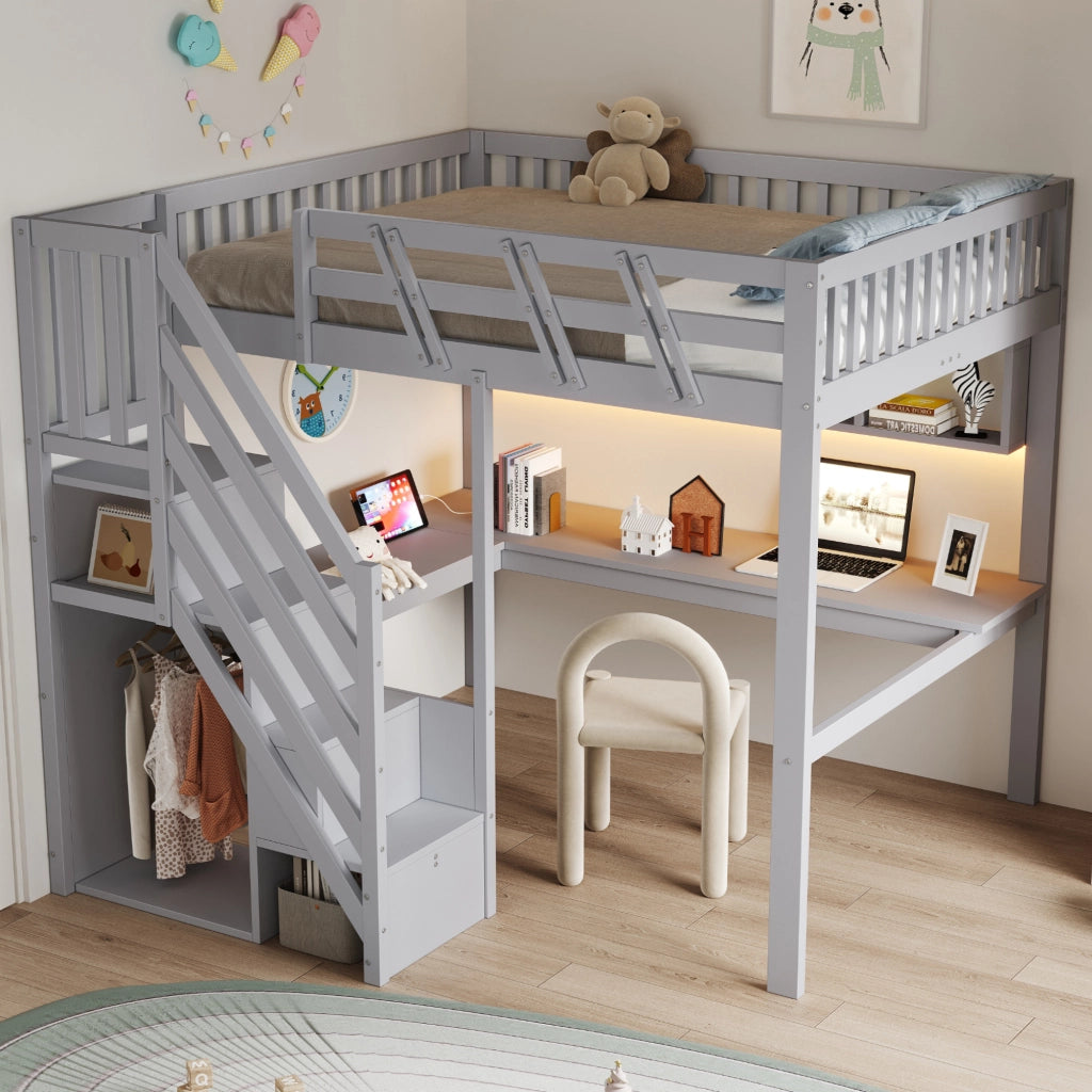 Letto a soppalco 140x200 cm con scala contenitore; scrivania; USB e LED; legno massello grigio