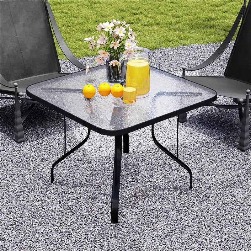 TAVOLO DA GIARDINO QUADRATO A 4 POSTI CON PIANO IN VETRO E FORO PER OMBRELLONE Ø 54 MM NERO