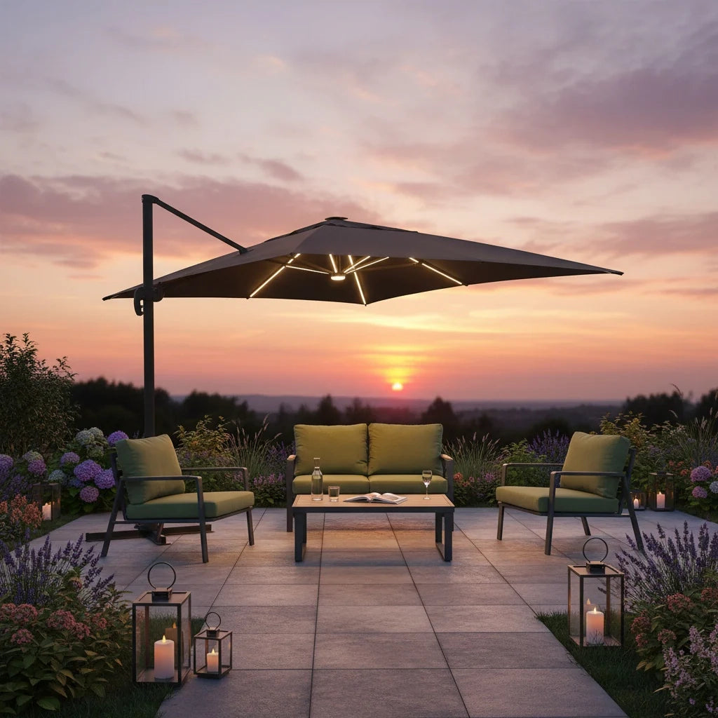 Ombrellone rettangolare da giardino Brez, decentrato (400x300 cm), alluminio e poliestere, LED incluso, apertura antivento con manovella, base inclusa, colore petrolio