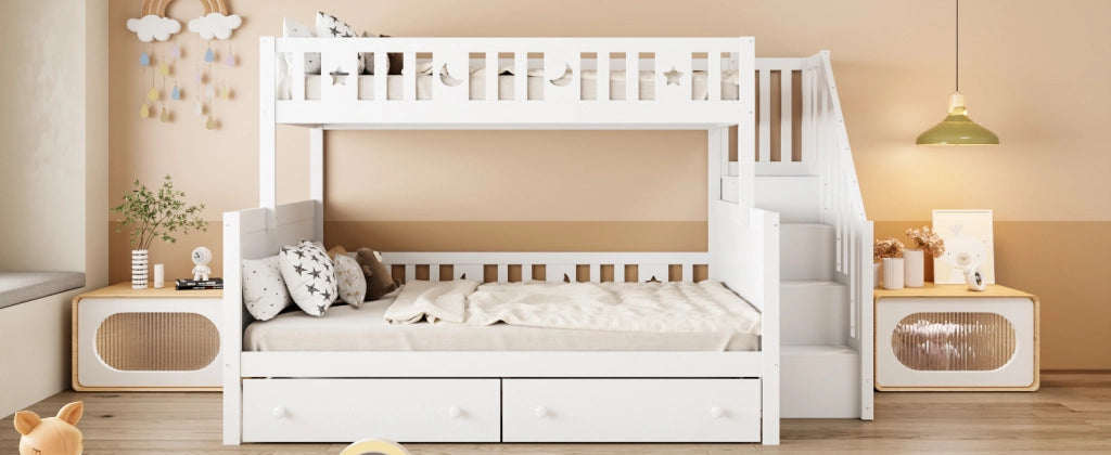 DESMIU Letto a castello 2 posti con scala contenitore e 2 cassetti, 90 × 200 e 140 × 200 cm, senza materasso