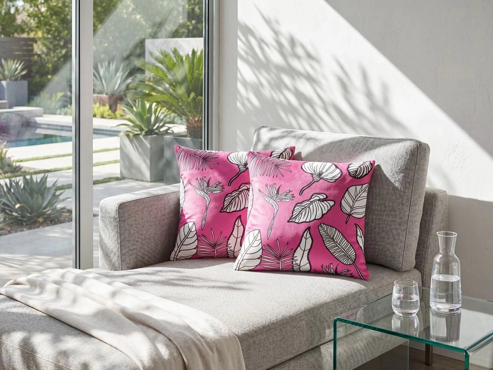 Set di 2 cuscini in cotone con stampa a foglie 45 x 45 cm rosa soggiorno camera da letto
