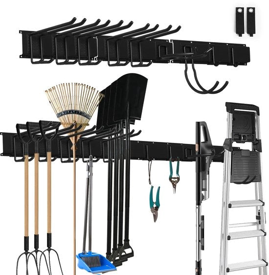 Sistema di Supporto per Attrezzature da Giardino, Regolamento per la Parete della Garage, Raccordo di Ricarico Robusto in Acciaio Inox con 9 Ganci, Supporto per Pennelli e Pennelli per Pennelli e Conservazione degli Strumenti (Nero)
