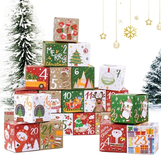 Calendario da riempire per l'Avvento - 24 pezzi - Scatola di regalo - Cartone - 7 x 7 x 7 cm - Calendario per bambini
