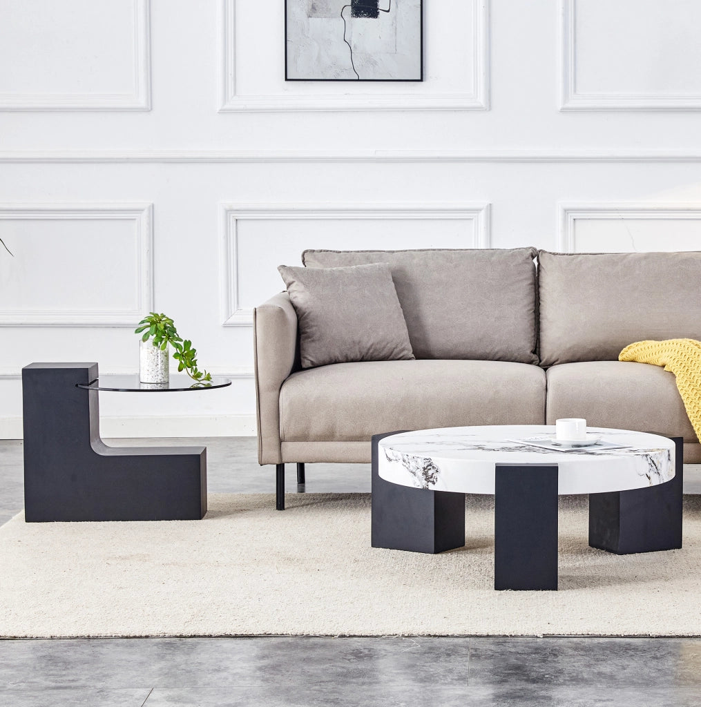 Set di 2 tavolini rotondi 61 e 44 cm in MDF e vetro bianco e nero