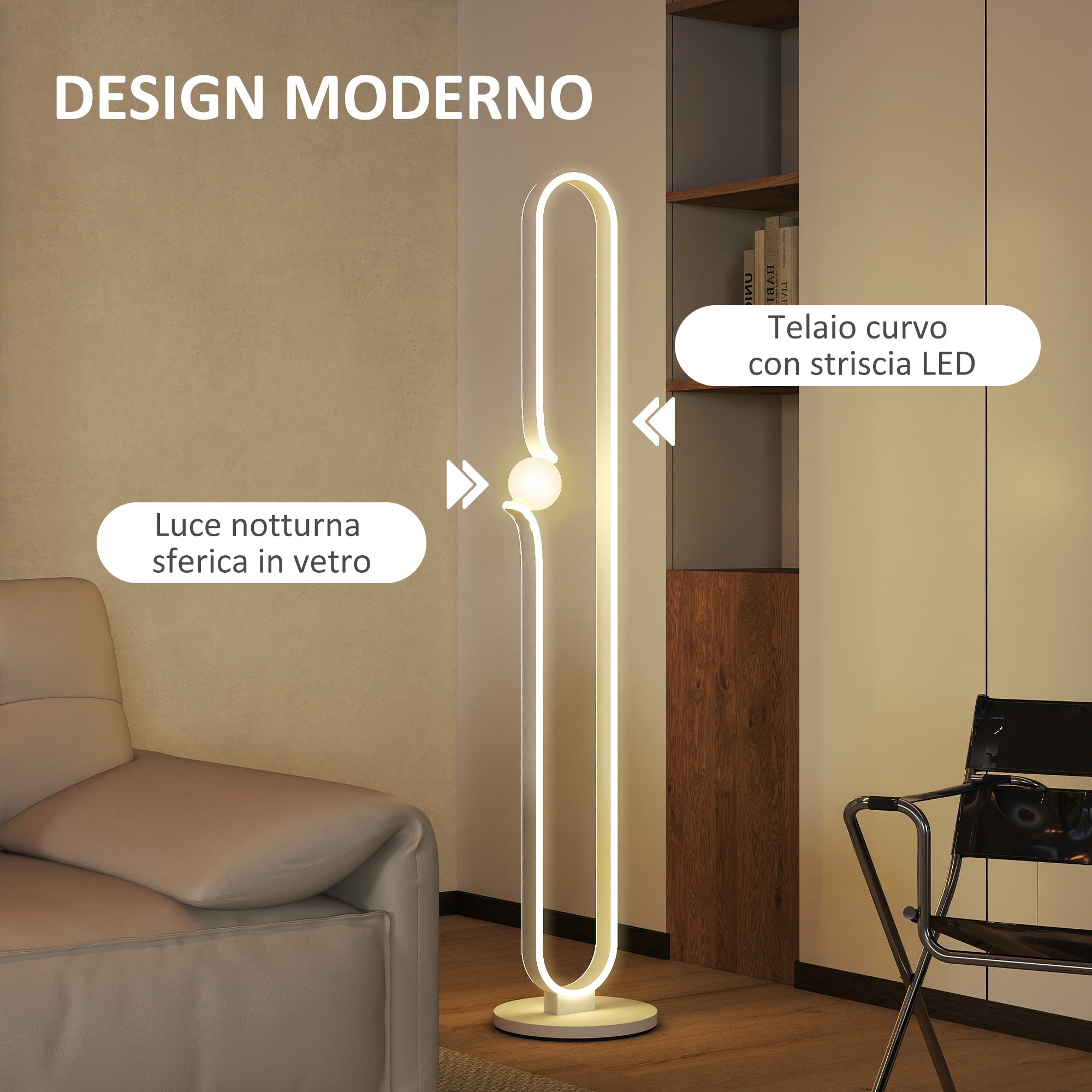 Lampada da Terra a LED Design ad Arco con Sfera in Vetro Luminosità Regolabile e Interruttore a Pedale Bianco