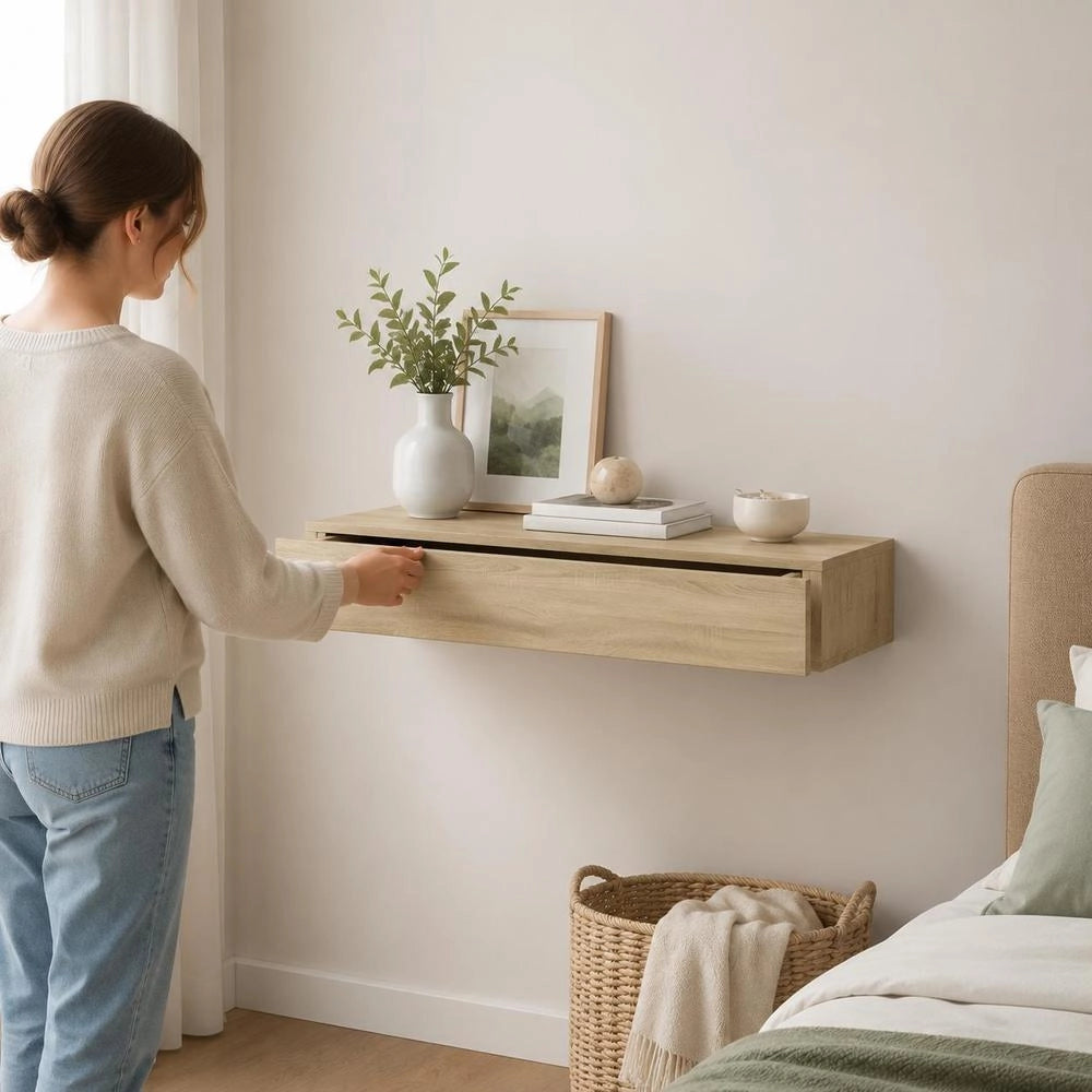 Wall Shelf With Drawer, Oak Look, 60x23.5x10 Cm, MDF