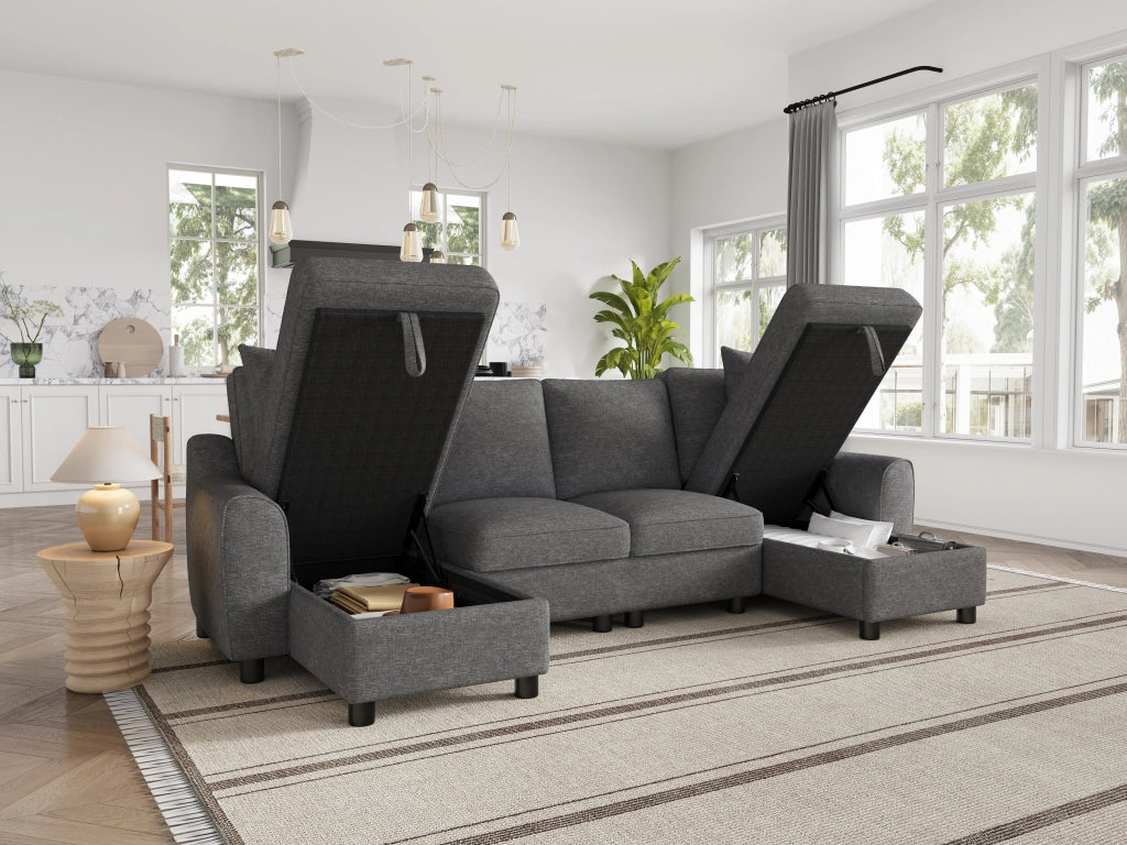 Divano panoramico a U modulare con contenitore nelle chaise longue e cuscini, in ciniglia grigio 280 × 137 × 84 cm