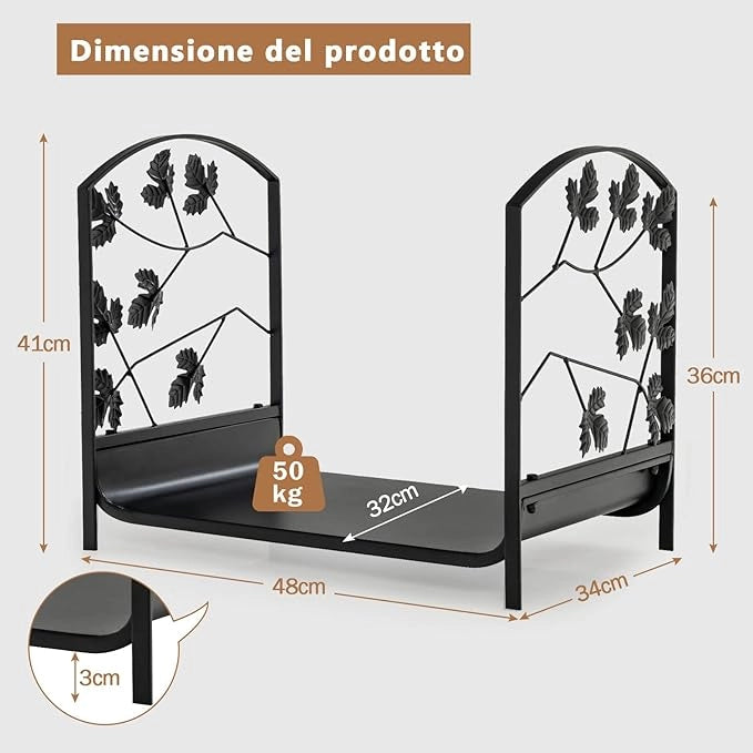 Porta Legna per Interni ed Esterni, Porta Legna per Camino d'Acciaio con Delicato Disegno a Foglia, Portalegna da Ardere per Caminetti, Stufe e Braciere, Portata 50 kg (48 x 34 x 41 cm)