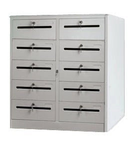 Cartelliera bassa metallica a 10 caselle con feritoia per ufficio cm. 90x35x106h