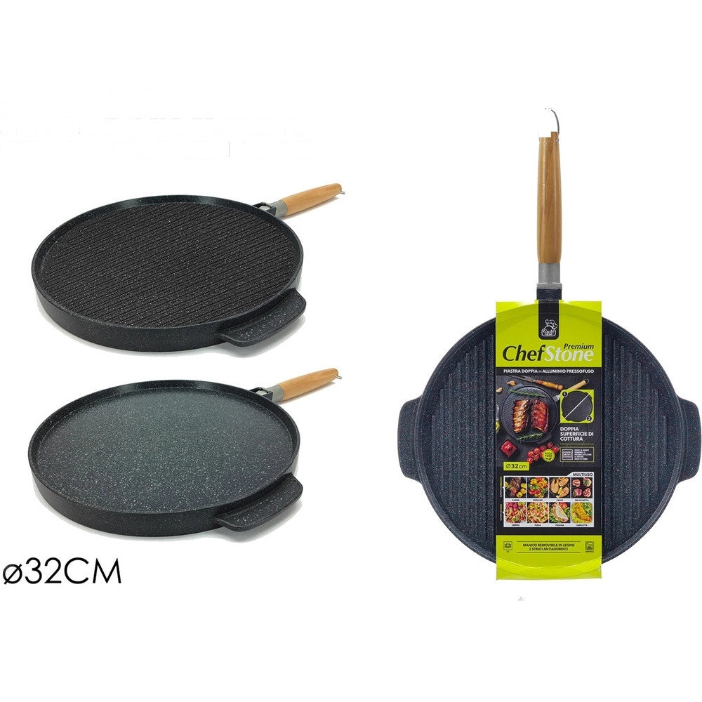 Trade Shop - Padella Piastra Bistecchiera Doppia Tonda 2 In 1 Antiaderente In Alluminio Legno ø32cm -